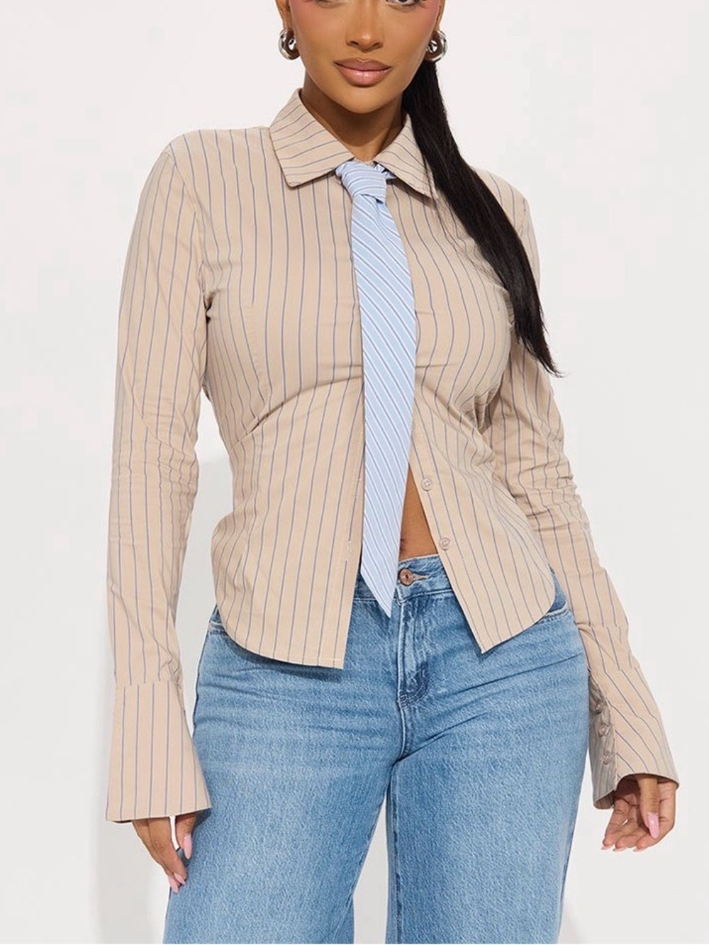 Striped Beige Button-Down Shirt - 2 piece